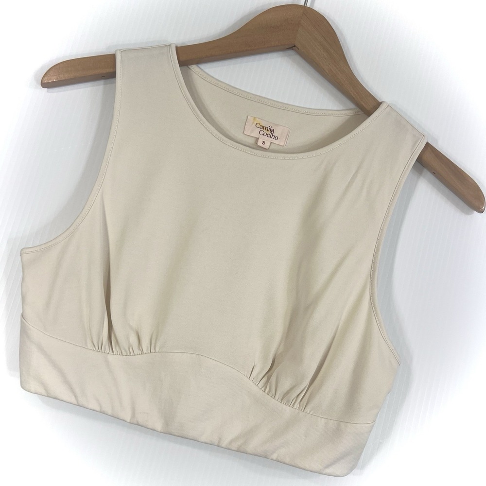 Camila Coelho Collection Cropped Top Size Small Cream Sleeveless Ruched Modal